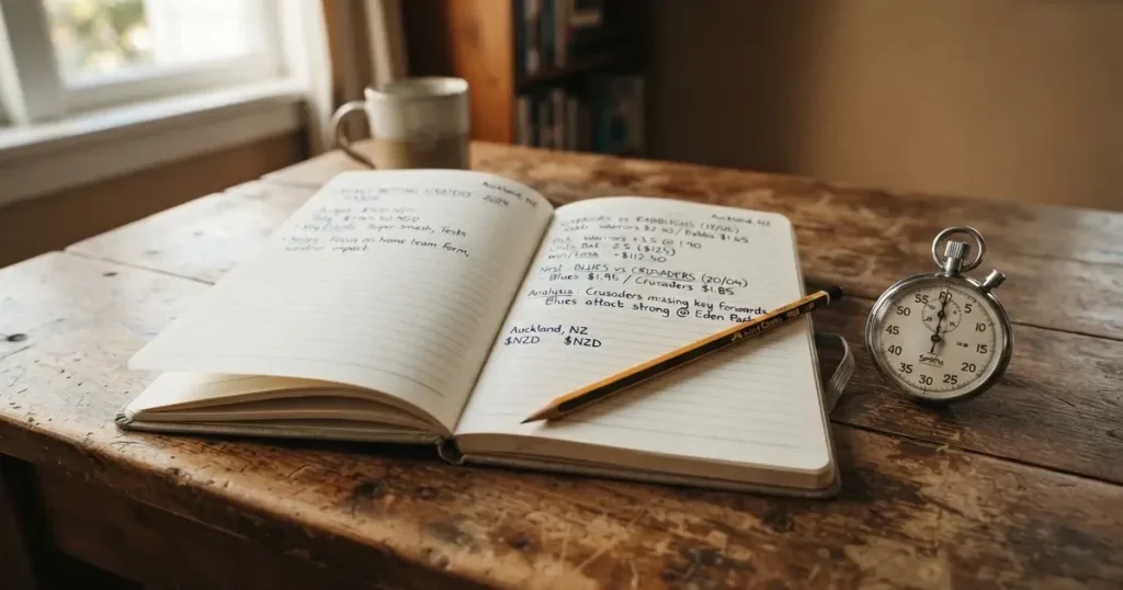 An open notebook with a pencil and a stopwatch on a wooden table