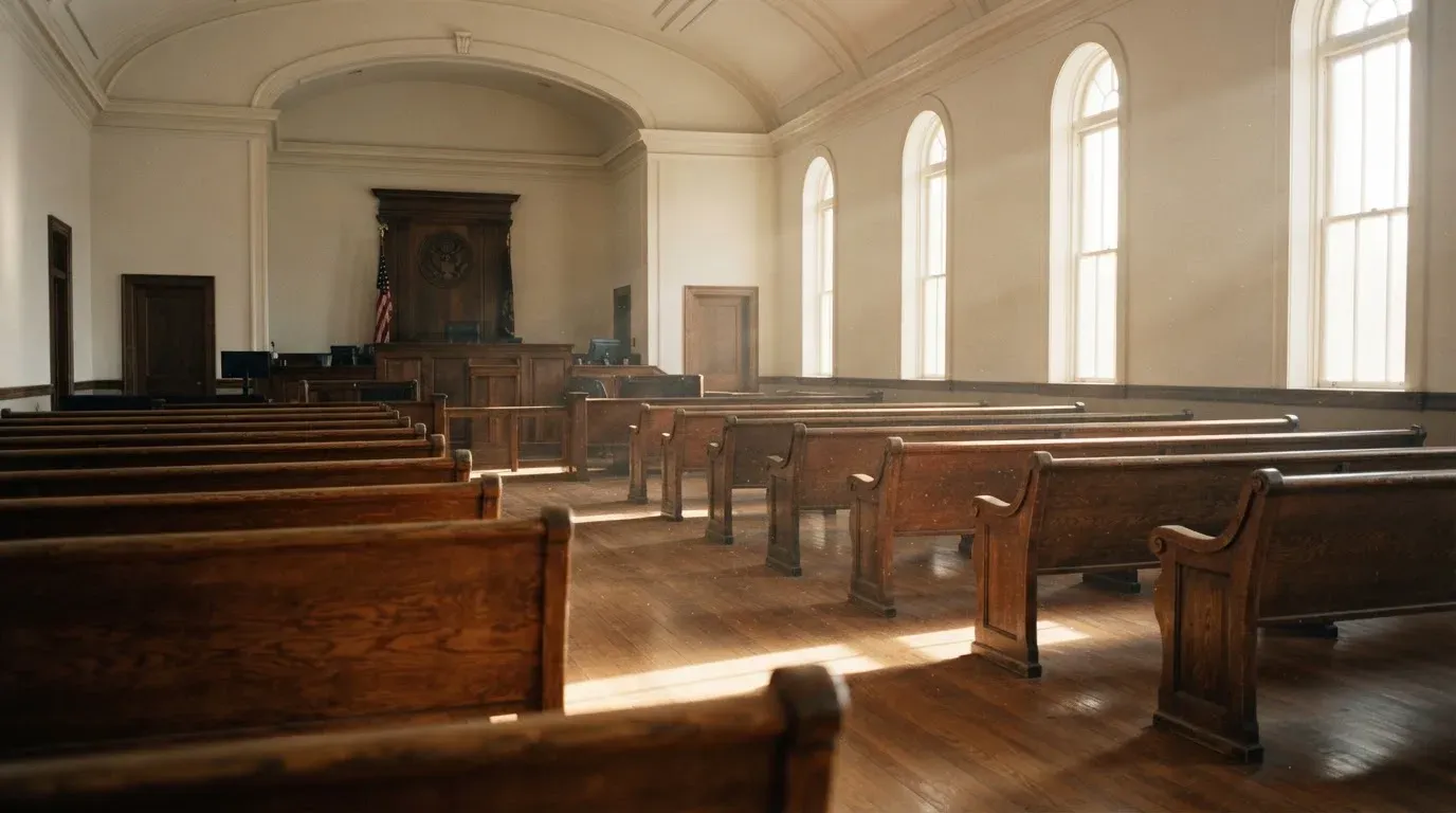 An empty courtroom with wooden benches in morning light