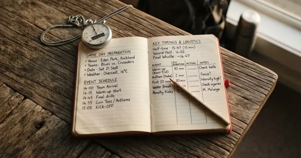 An open notebook with a pencil and a stopwatch on a wooden table