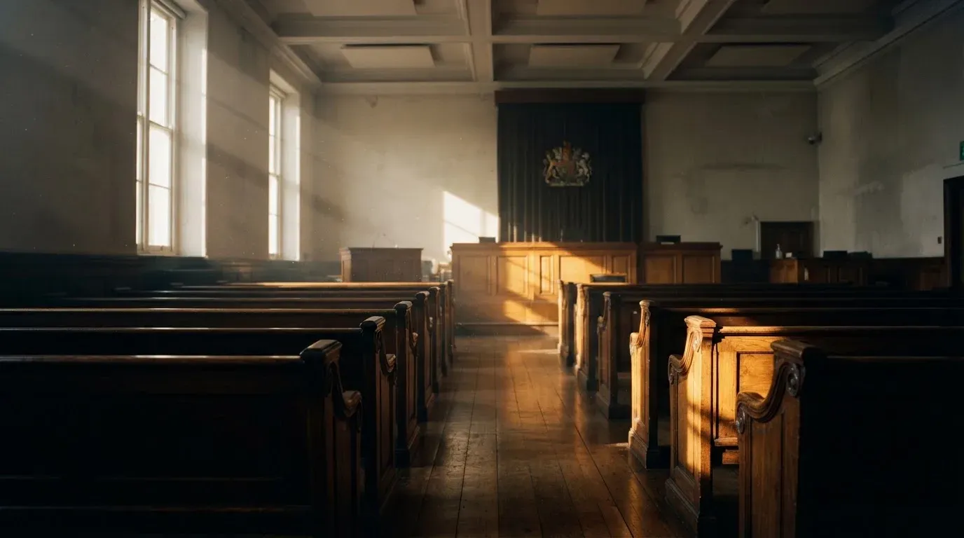 An empty courtroom with wooden benches in morning light