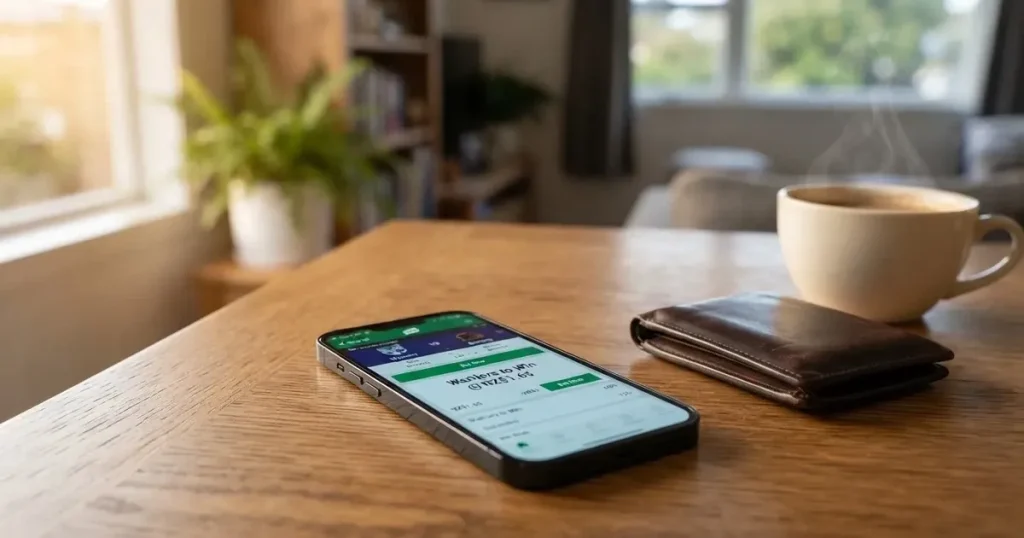 A smartphone on a wooden table beside a wallet and a coffee cup