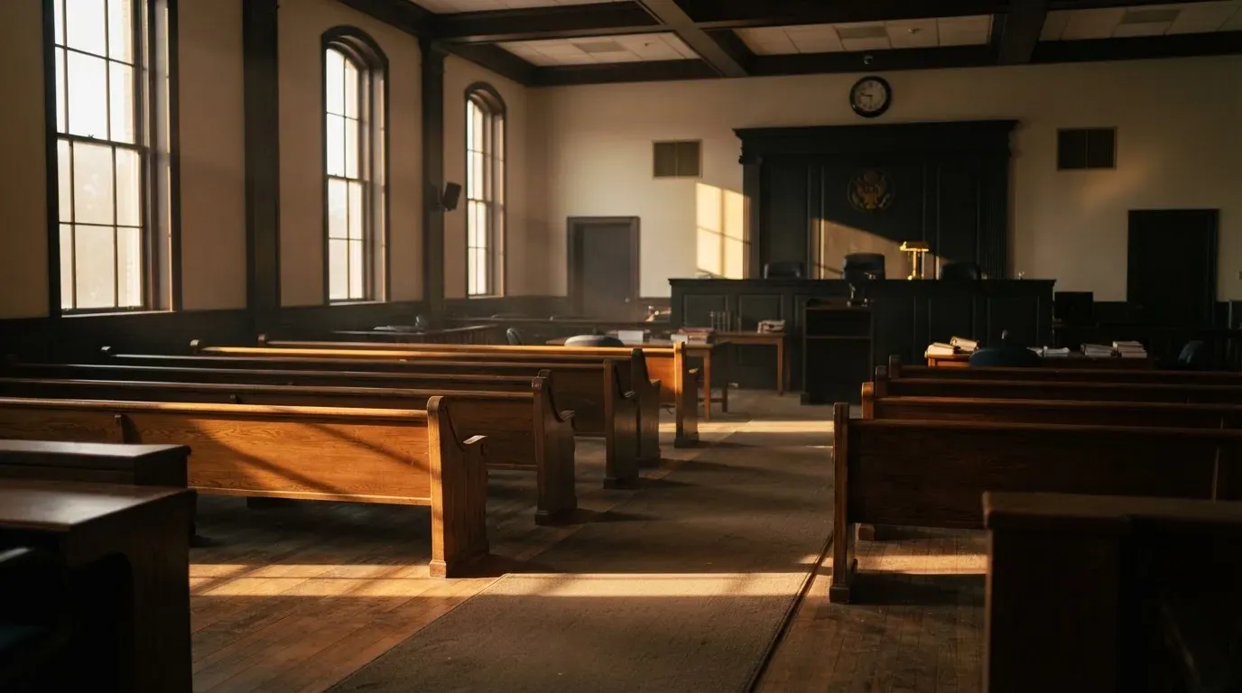 An empty courtroom with wooden benches in morning light
