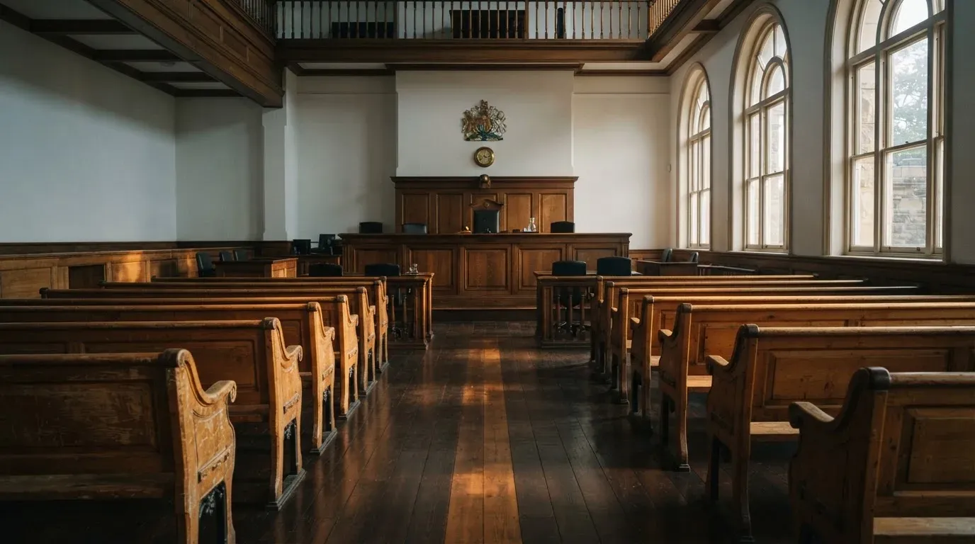 An empty courtroom with wooden benches in morning light