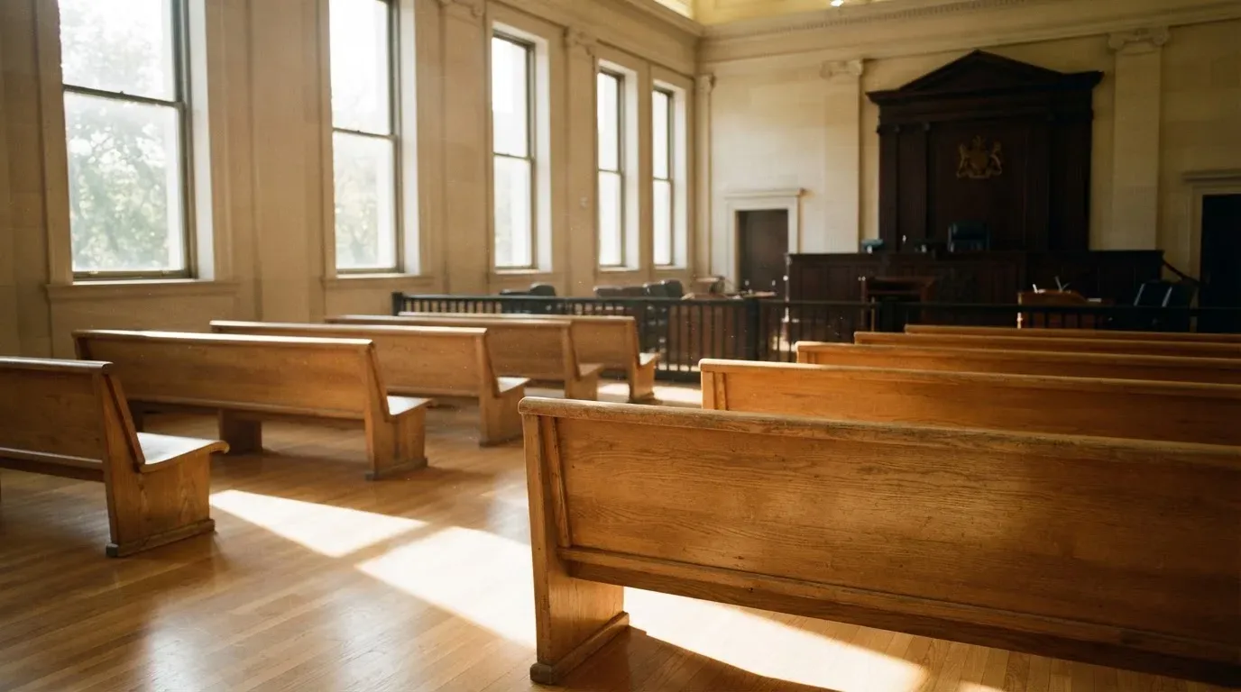 An empty courtroom with wooden benches in morning light