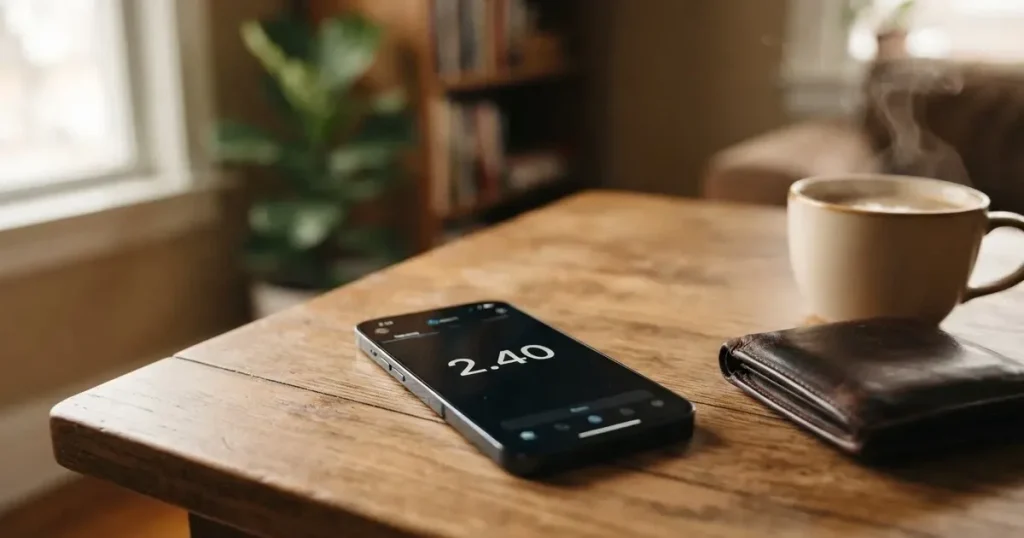 A smartphone on a wooden table beside a wallet and a coffee cup