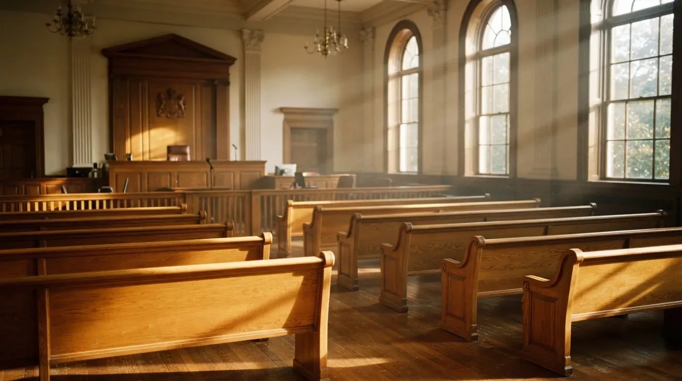 An empty courtroom with wooden benches in morning light