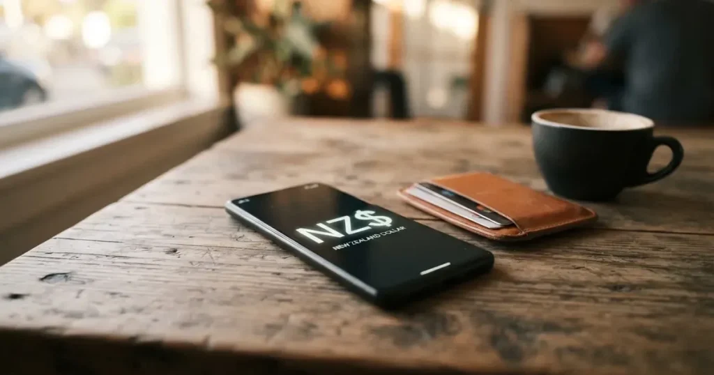 A smartphone on a wooden table beside a wallet and a coffee cup