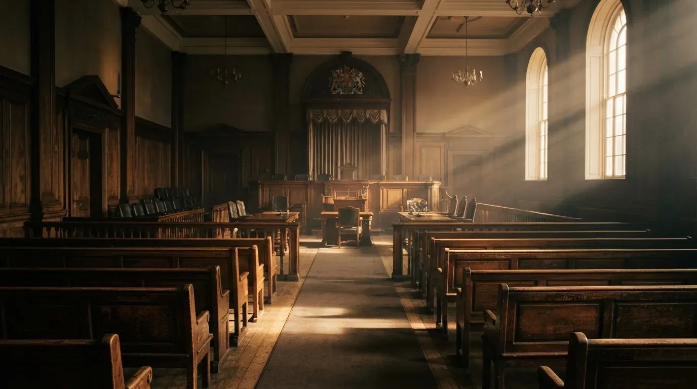 An empty courtroom with wooden benches in morning light