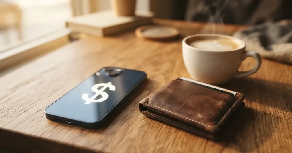 A smartphone on a wooden table beside a wallet and a coffee cup