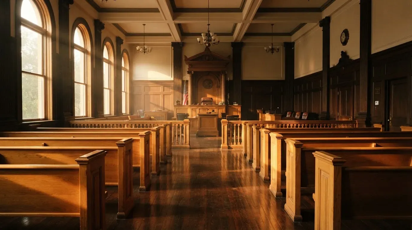 An empty courtroom with wooden benches in morning light