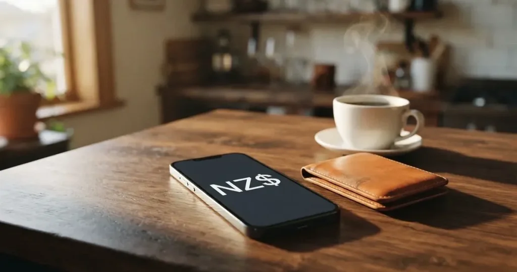 A smartphone on a wooden table beside a wallet and a coffee cup