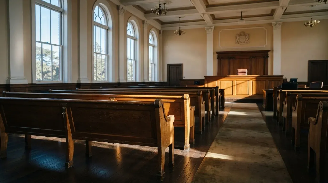 An empty courtroom with wooden benches in morning light