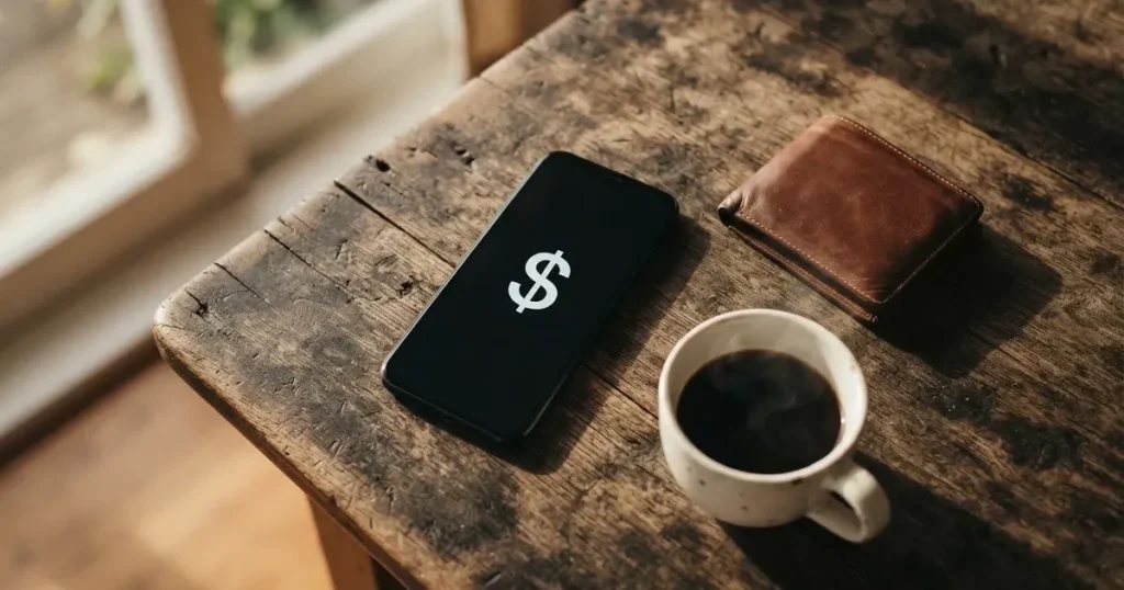 A smartphone on a wooden table beside a wallet and a coffee cup