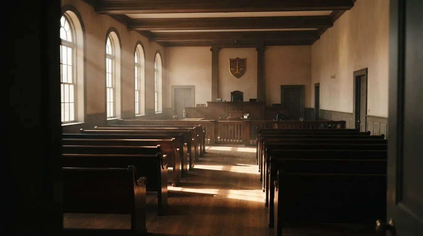 An empty courtroom with wooden benches in morning light