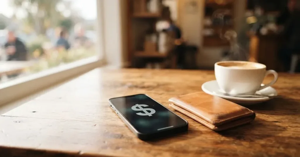 A smartphone on a wooden table beside a wallet and a coffee cup