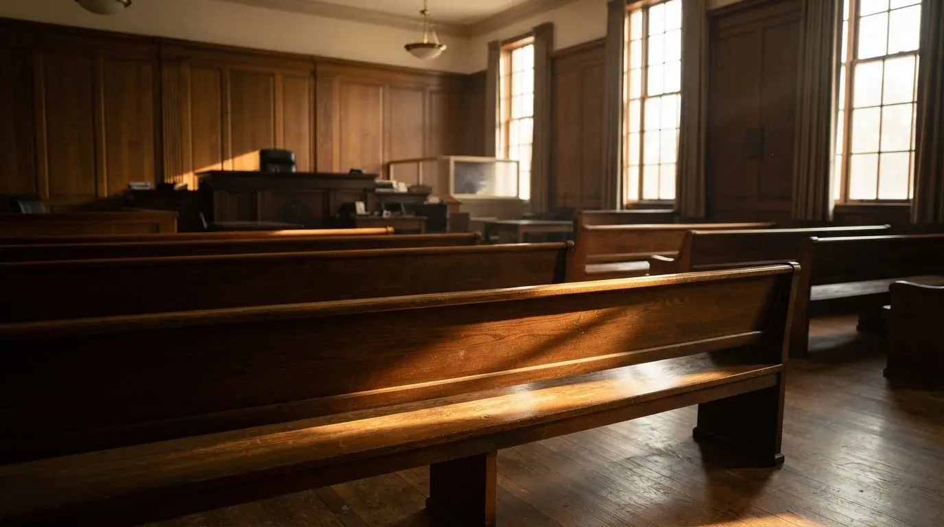 An empty courtroom with wooden benches in morning light