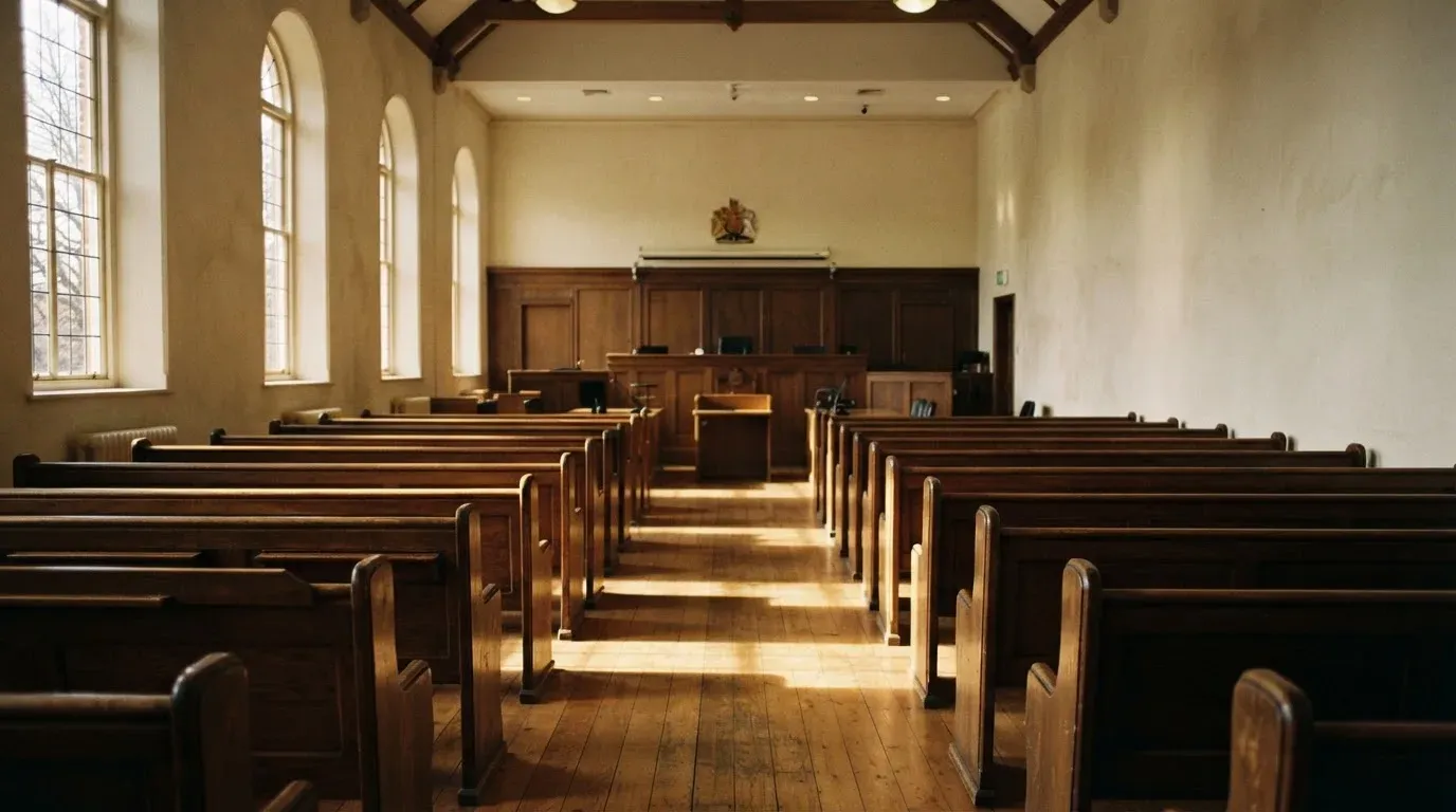 An empty courtroom with wooden benches in morning light