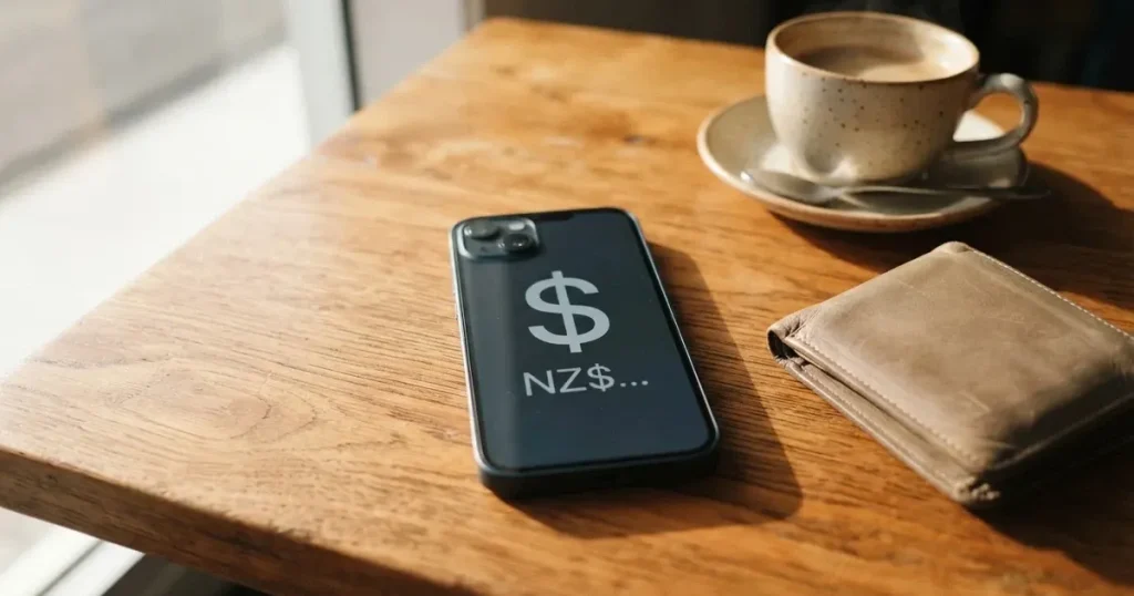 A smartphone on a wooden table beside a wallet and a coffee cup