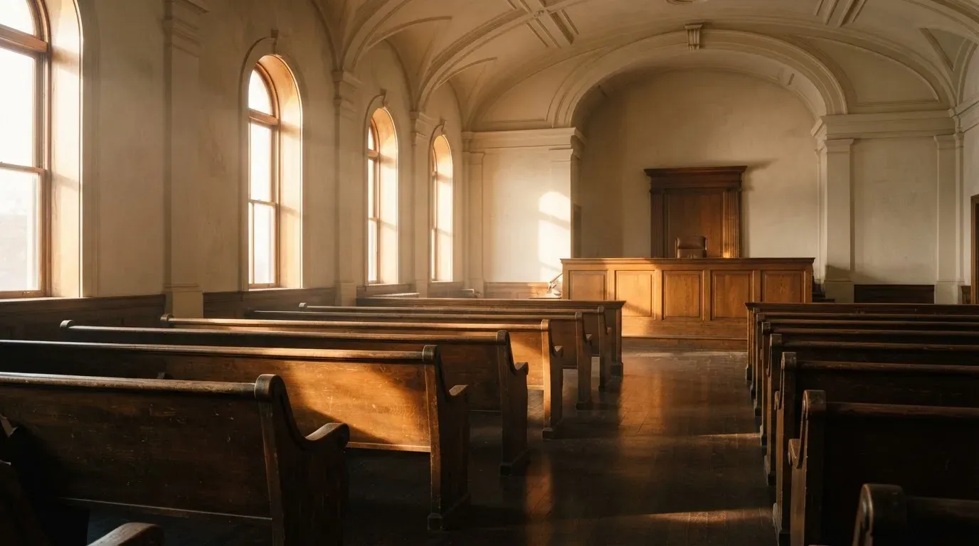 An empty courtroom with wooden benches in morning light