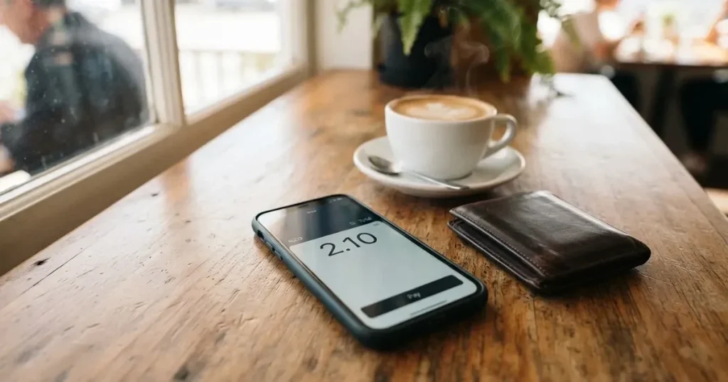 A smartphone on a wooden table beside a wallet and a coffee cup