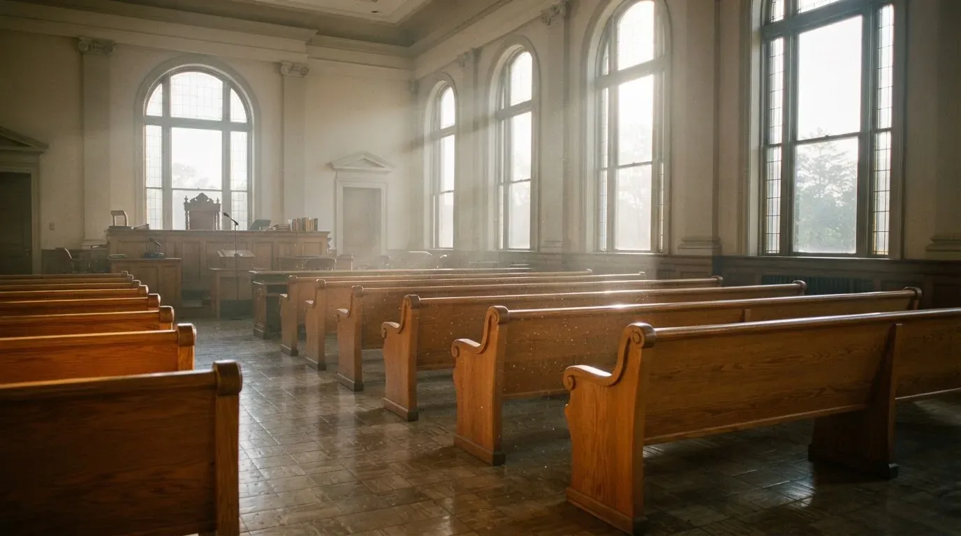 An empty courtroom with wooden benches in morning light