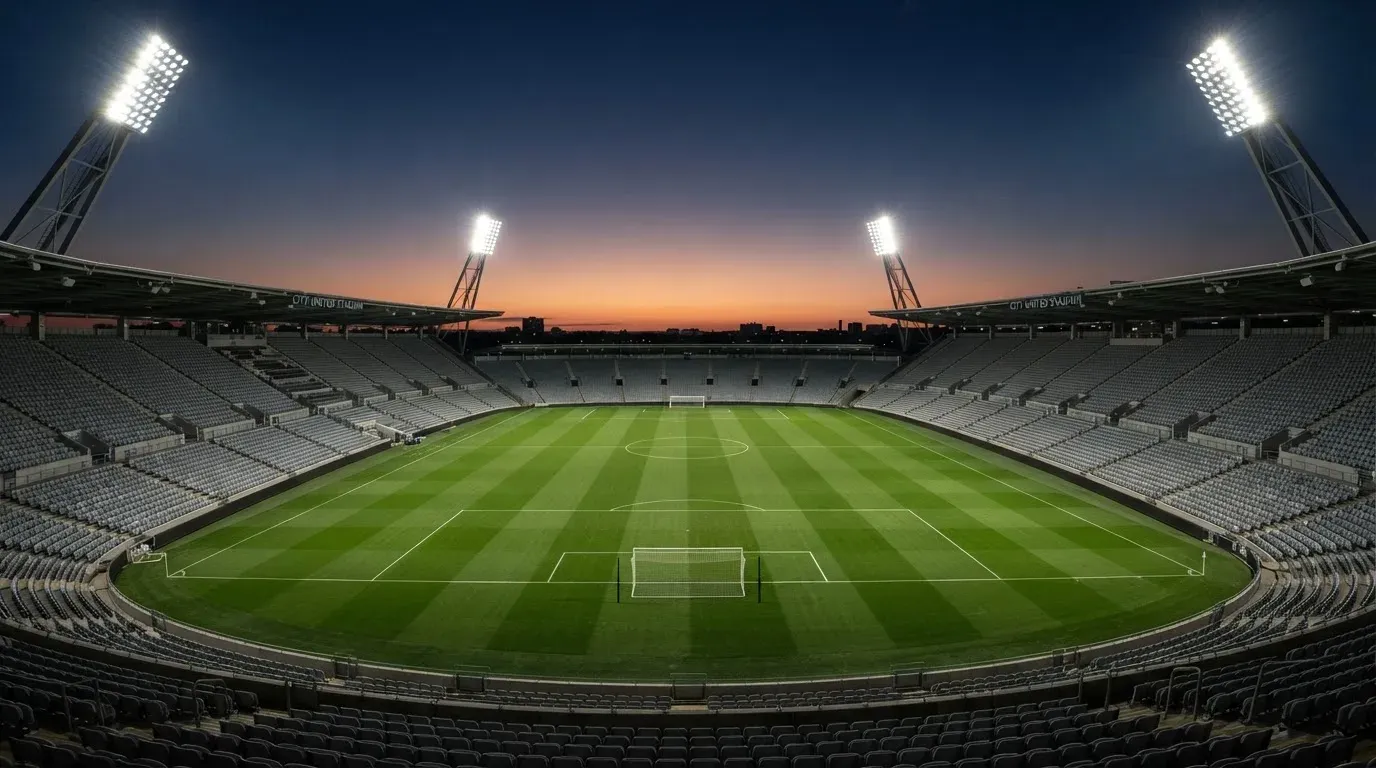 An empty football stadium with floodlight masts at dusk