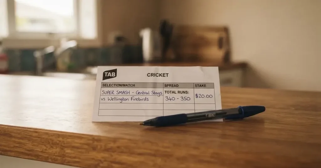 A blank paper betting slip beside a pen on a wooden counter