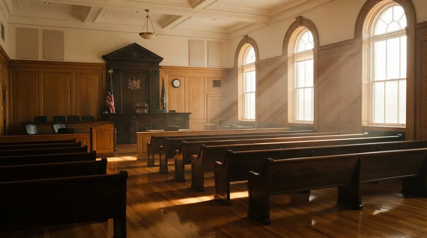 An empty courtroom with wooden benches in morning light