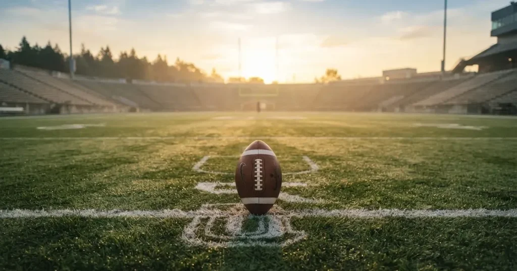 A ball on the centre spot of a grass pitch in morning light