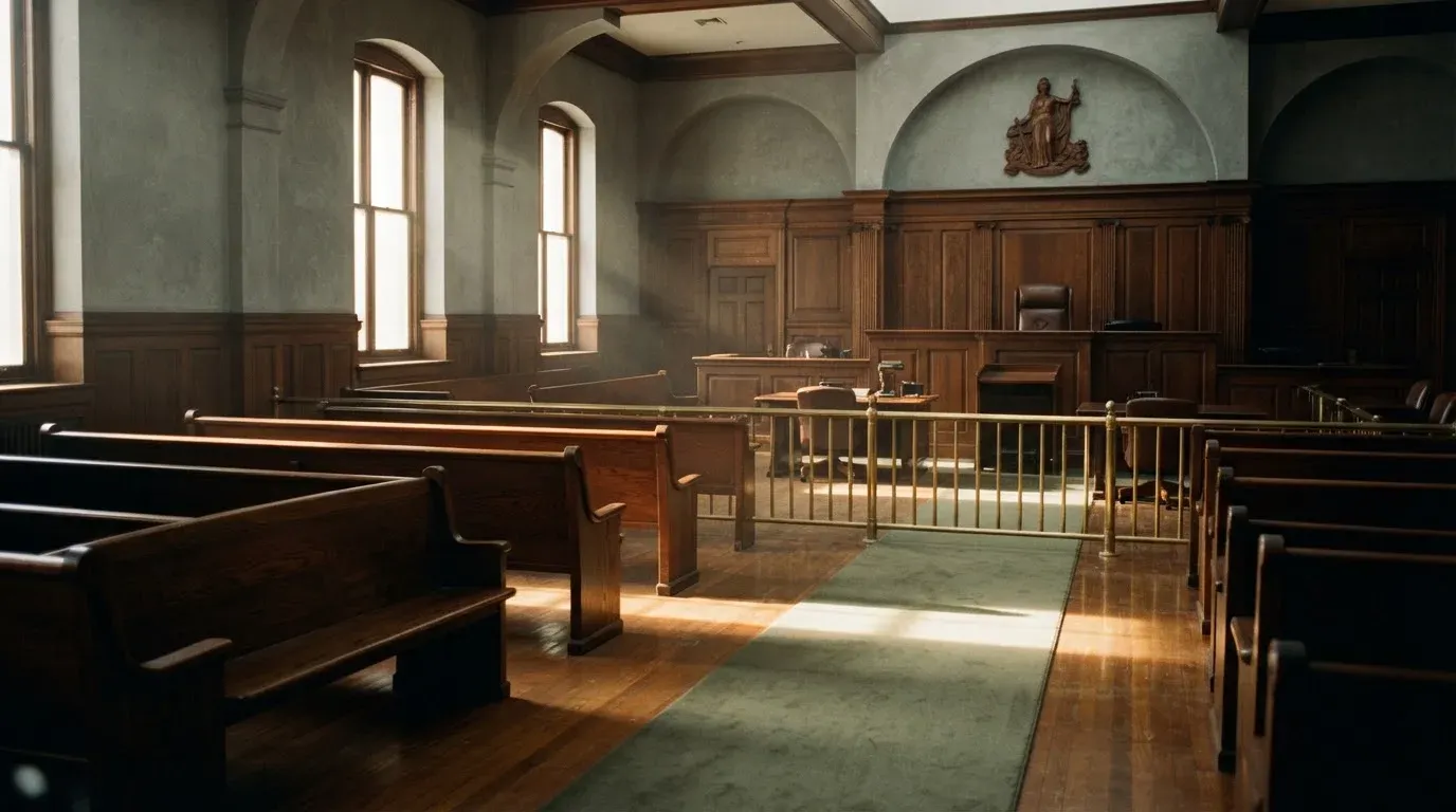 An empty courtroom with wooden benches in morning light