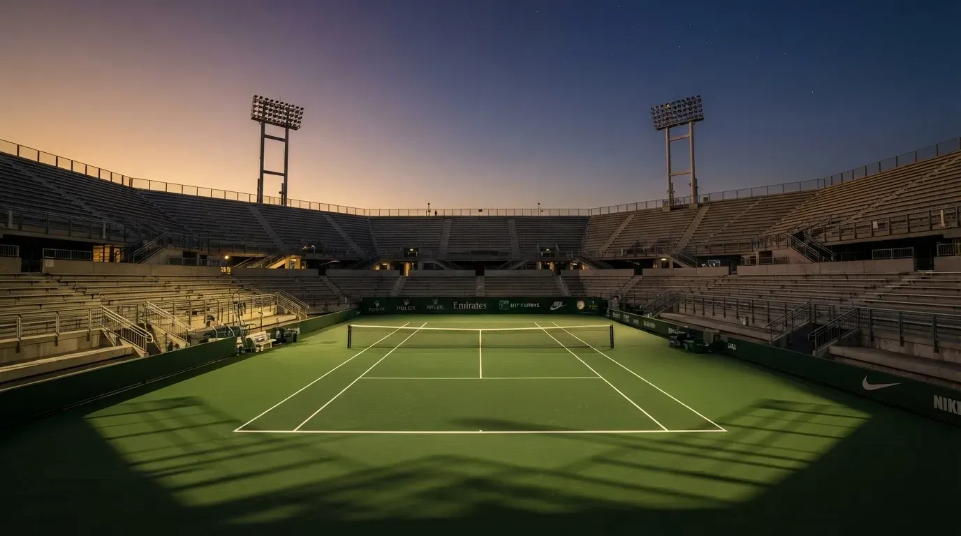 An empty football stadium with floodlight masts at dusk