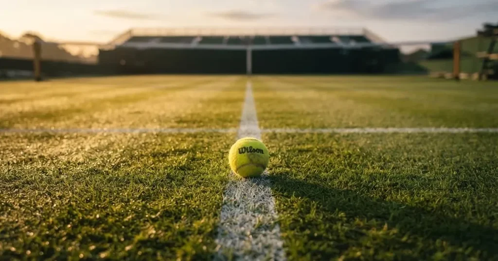 A ball on the centre spot of a grass pitch in morning light