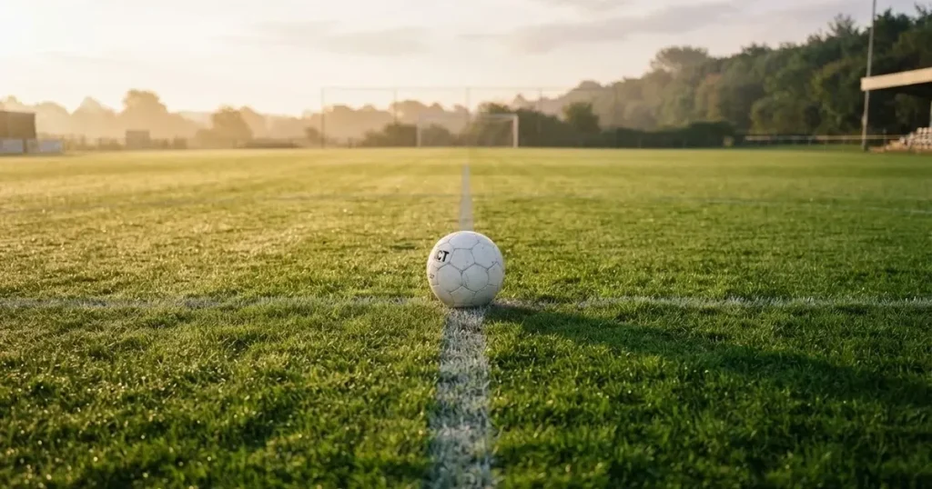 A ball on the centre spot of a grass pitch in morning light