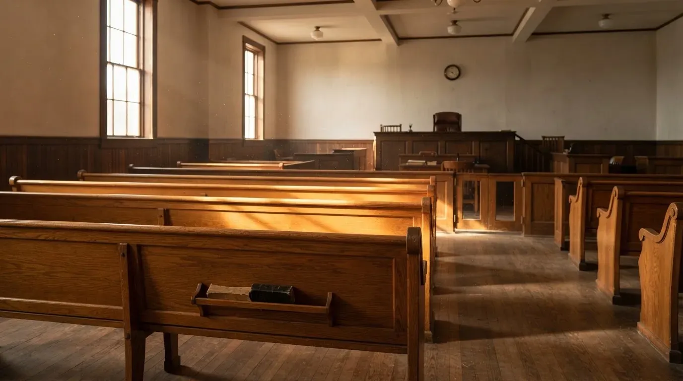 An empty courtroom with wooden benches in morning light