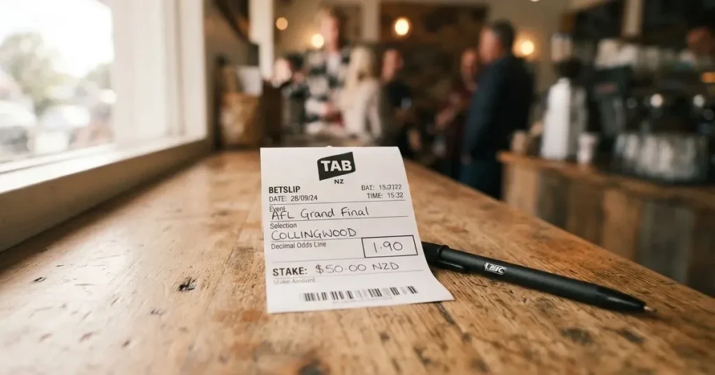 A blank paper betting slip beside a pen on a wooden counter