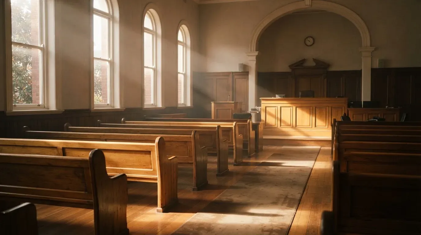 An empty courtroom with wooden benches in morning light
