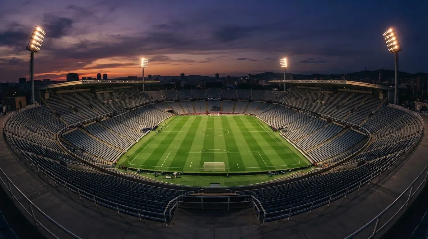 An empty football stadium with floodlight masts at dusk
