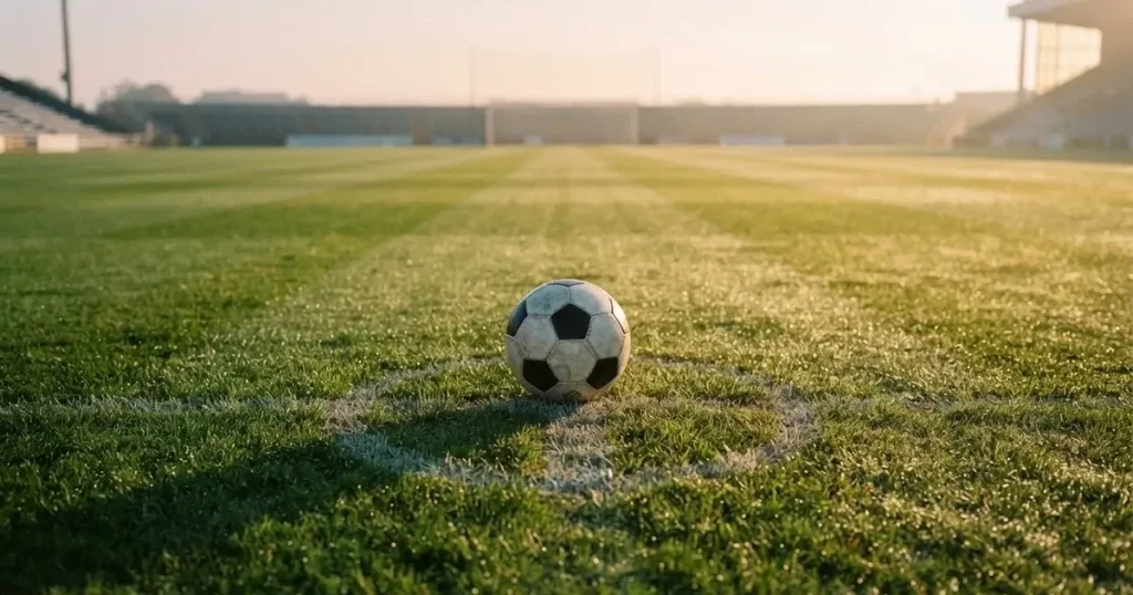 A ball on the centre spot of a grass pitch in morning light