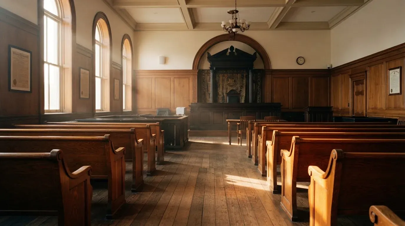 An empty courtroom with wooden benches in morning light